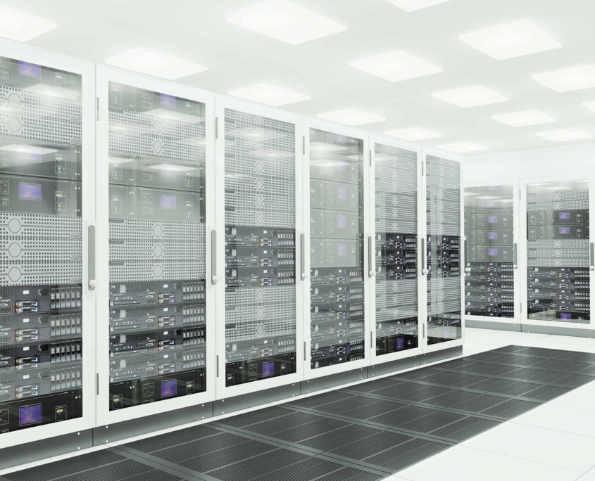 Large server room with tall white servers