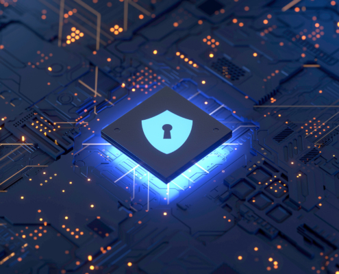 circuit board and shield icon,Hardware security, computer data protection and electronic technology concept