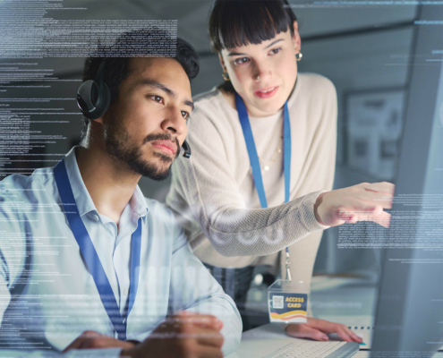 Call center, digital overlay and team on computer for customer support